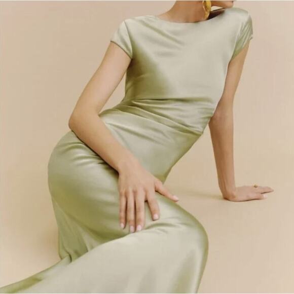 NWD Reformation Niamh Silk Dress Size 8 Dried Herbs Open Back #4B501 - Picture 4 of 16